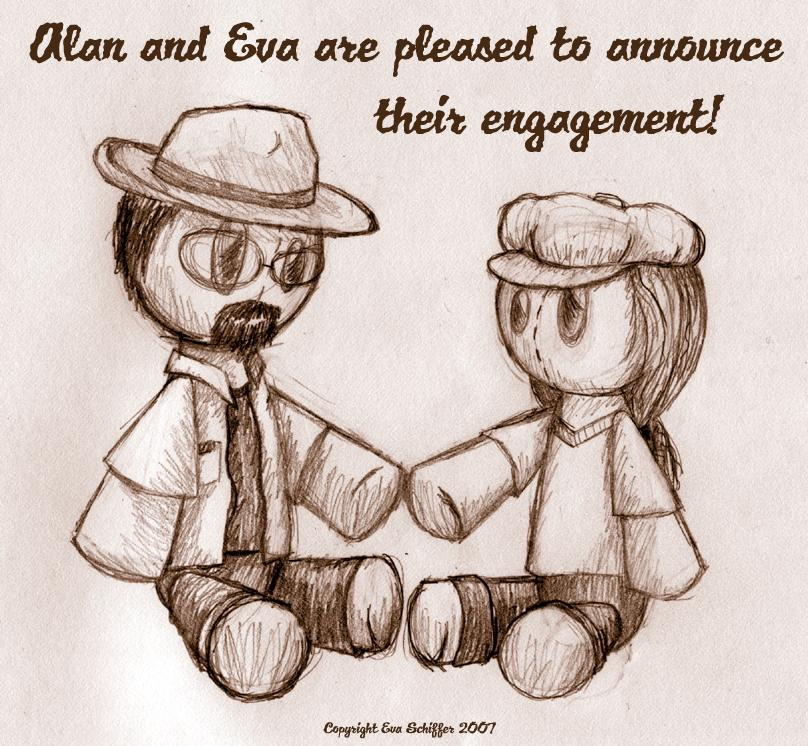 Text: 'Alan and Eva are pleased to announce their engagement!' Image: A drawing of Alan and Eva and dolls, drawn by Eva.