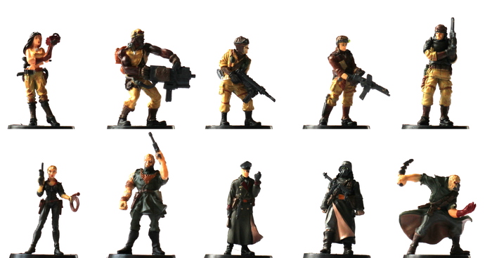The 10 miniature figures from the game