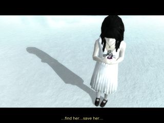 Screenshot: A dark haired little girl in a white dress on a snowy landscape.  A subtitle reads '...find her...save her...'