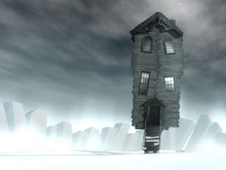 Screenshot: A thin, faded black house floating above an arctic landscape
