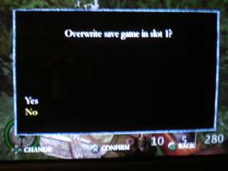 Screenshot: Confirmation dialog reading, 'Overwrite save game in slot 1?  Yes or No'