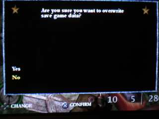 Screenshot: Confirmation dialog reading, 'Are you sure you want to overwrite save game data?  Yes or No'