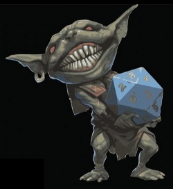 Illustration of a goblin holding a 20-sided die, by Andrew Hou