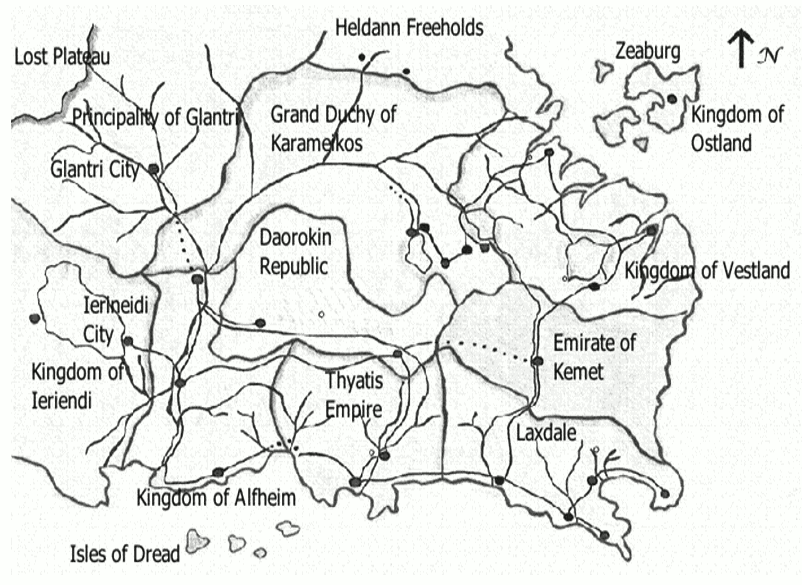 Map of the setting for the Witchcraft Wars novels by Tracey Alley, stretched vertically 128%