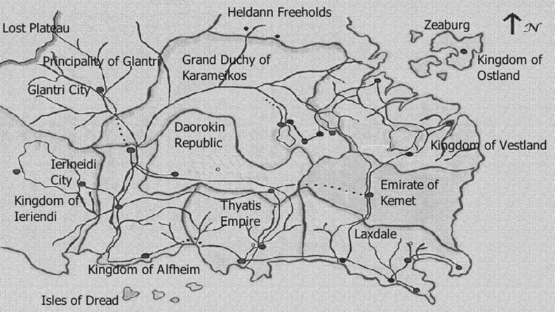 Map of the setting for the Witchcraft Wars novels by Tracey Alley