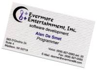 Business card: Evermore Entertainment, Inc. / software development / Alan De Smet / Programmer